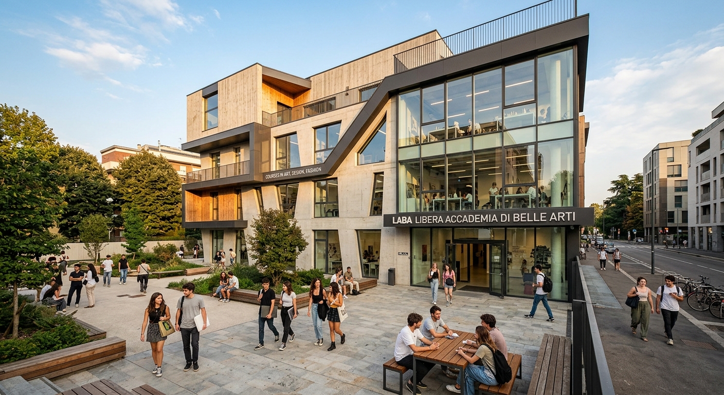 LABA Libera Accademia di Belle Arti main campus in Brescia Italy, modern creative academy building on Via Don Vender with student courtyard, contemporary architecture with large windows, warm afternoon light