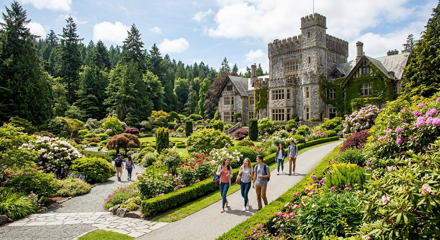 Historic Hatley Castle at Royal Roads University campus in Victoria British Columbia, surrounded by lush gardens and Pacific Northwest forest, with students walking along pathways on a sunny day