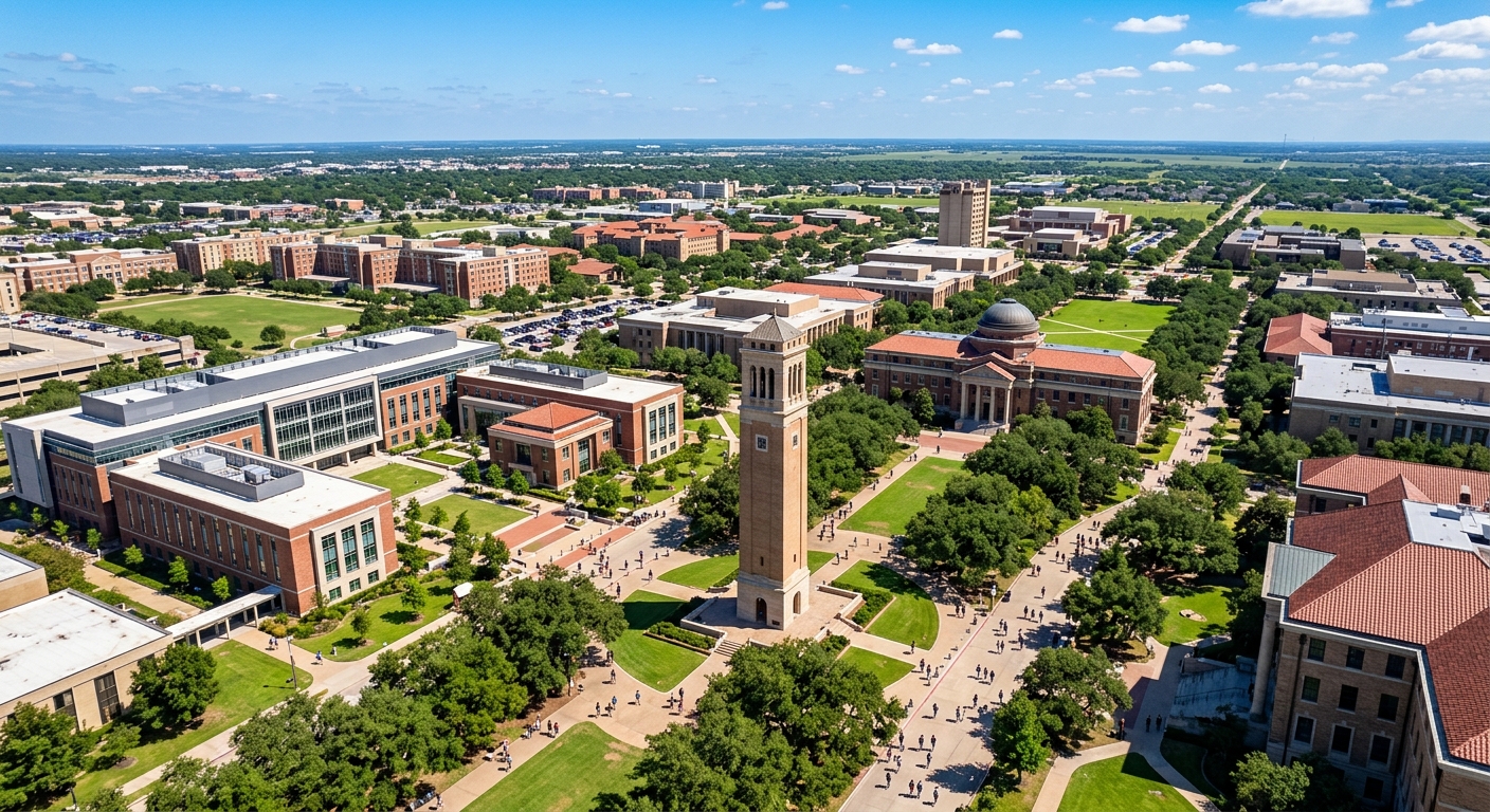 Aerial view of the Texas A&M University College Station campus with the iconic Albritton Bell Tower, engineering buildings, and green quadrangles under a clear blue Texas sky, students walking along tree-lined pathways