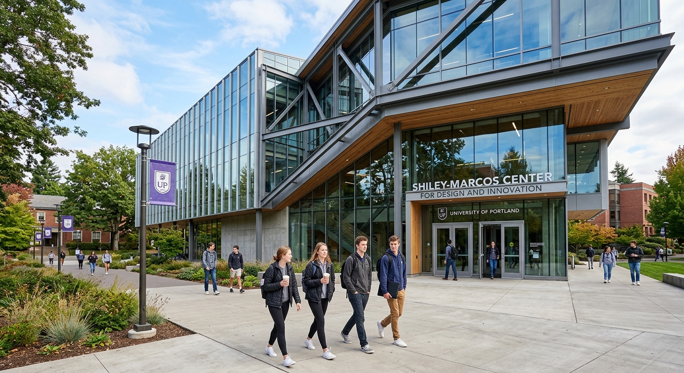 Shiley-Marcos Center for Design and Innovation at University of Portland, modern glass and steel architecture, students walking outside