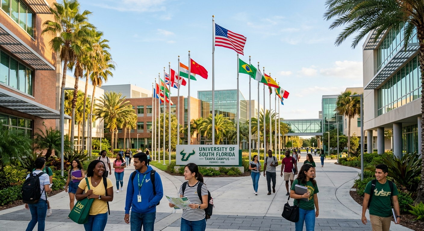 Modern university campus in Tampa Florida with palm trees, diverse international students walking between buildings, warm sunlight, American flag and international flags displayed at entrance