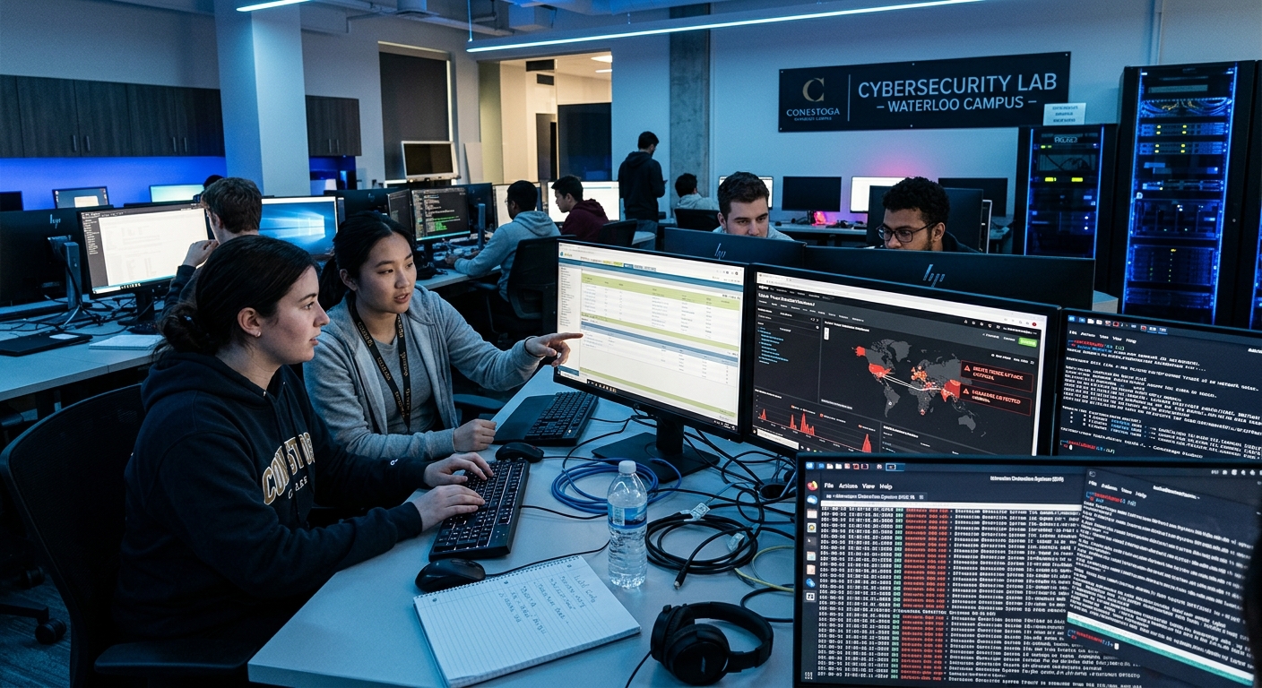 Modern cybersecurity lab at Conestoga College Waterloo campus, students working on network security simulations with multiple monitors displaying firewall configurations and threat detection dashboards, blue-tinted ambient lighting