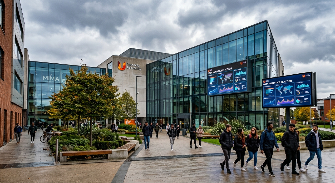 Modern Teesside University campus in Middlesbrough, England, featuring contemporary buildings with glass facades, students walking through a landscaped courtyard, digital screens displaying data analytics visualizations, overcast British sky