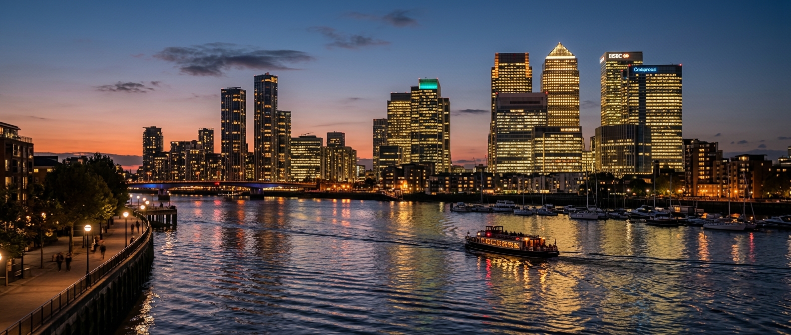 Panoramic view of Canary Wharf London skyline at dusk, One Canada Square and HSBC tower illuminated, Thames river in foreground, modern skyscrapers reflecting in water