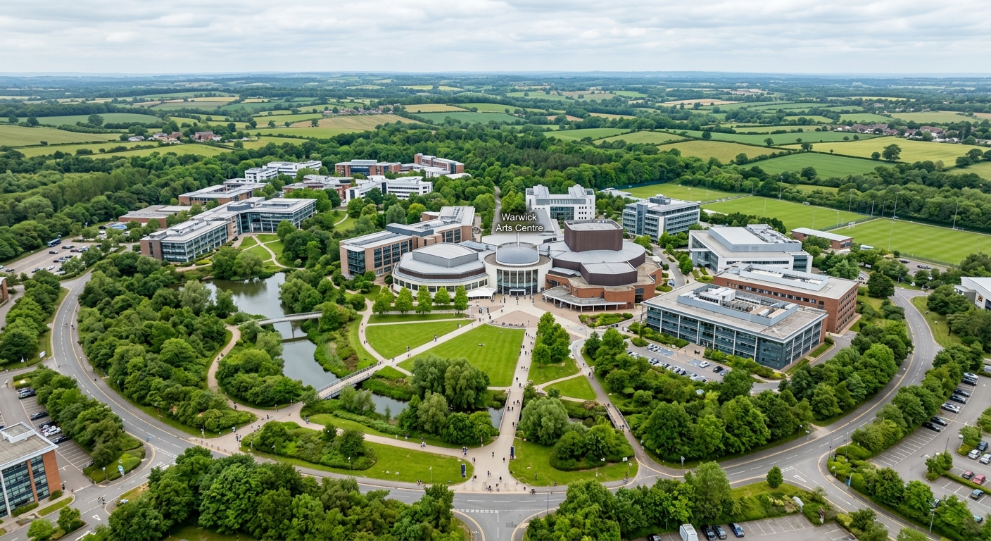 University of Warwick campus wide-shot aerial view showing modern academic buildings surrounded by lush green parkland, walking paths, and the iconic Warwick Arts Centre, with rolling English countryside in the background under soft overcast skies