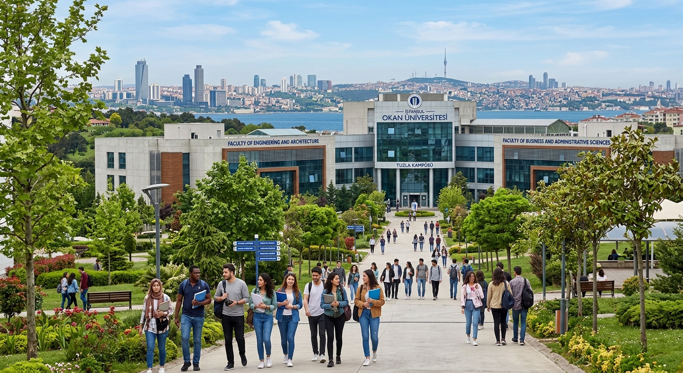 Istanbul Okan University Tuzla campus with modern academic buildings surrounded by green spaces, international students walking between faculty buildings, Istanbul skyline visible in the background
