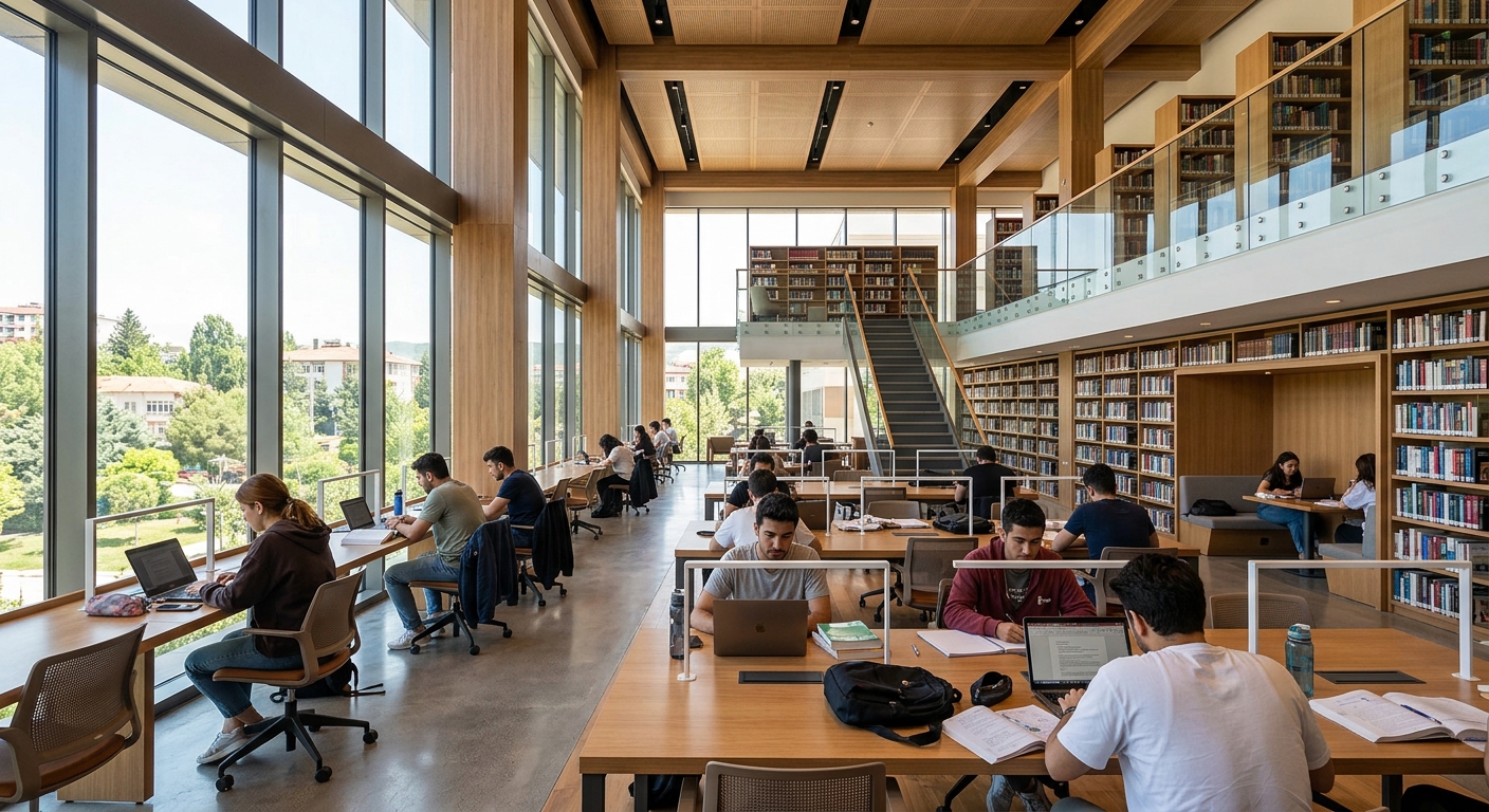 Toros University modern library interior with study desks, bookshelves, students studying, natural light streaming through large windows