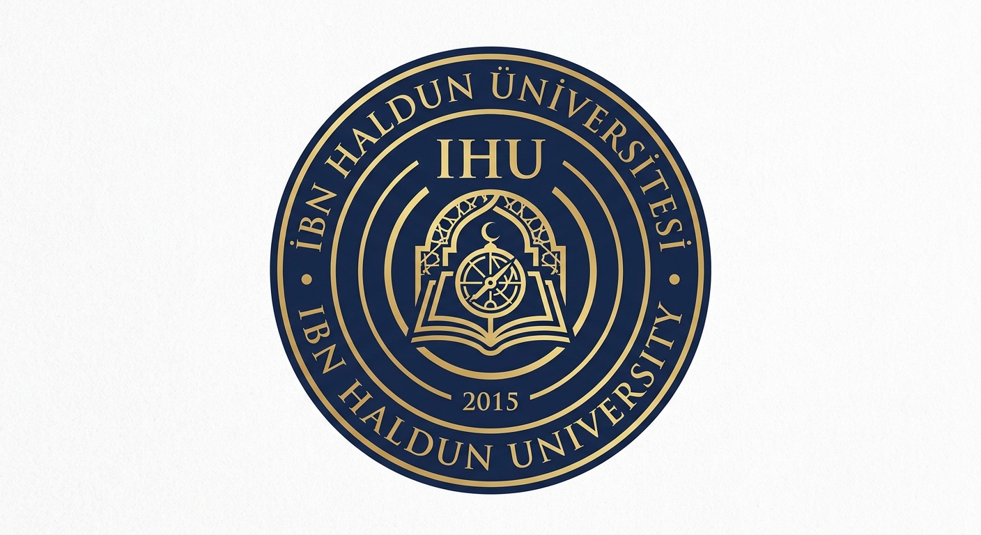 Ibn Haldun University official logo, circular emblem with IHU abbreviation and university name in Turkish and English, dark blue and gold color scheme