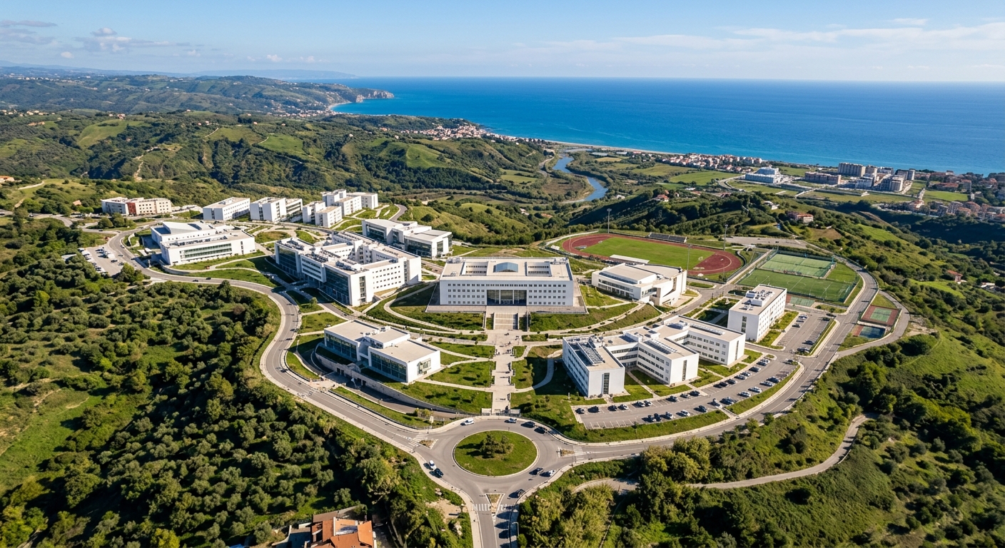 Aerial view of Magna Graecia University Germaneto campus in Catanzaro, modern white university buildings spread across green Calabrian hills, Ionian Sea visible in the distance, warm Mediterranean sunlight