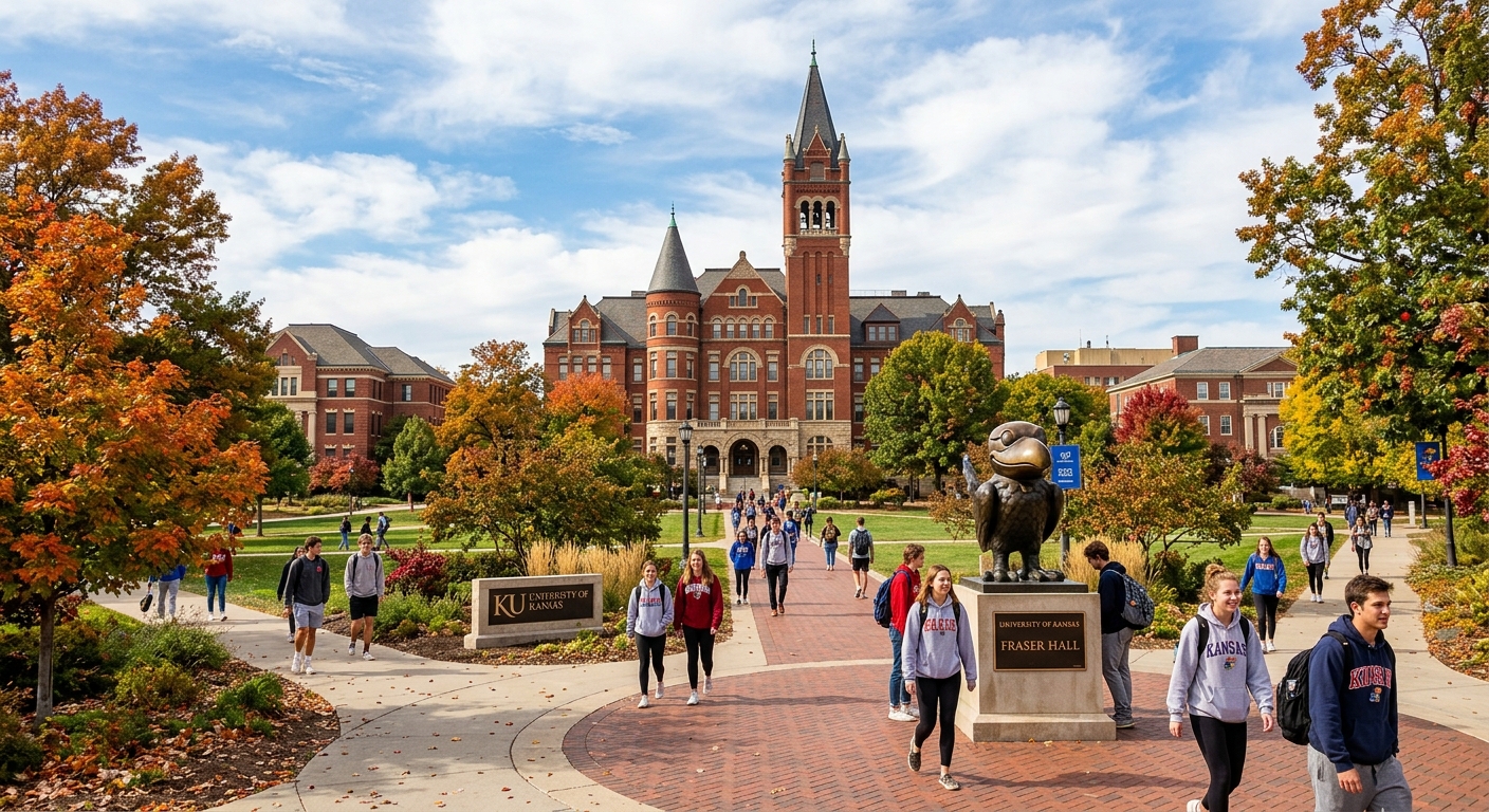 University of Kansas Fraser Hall and campus green with students walking along tree-lined paths, red brick buildings, and the iconic Jayhawk statue, Lawrence Kansas on a sunny day