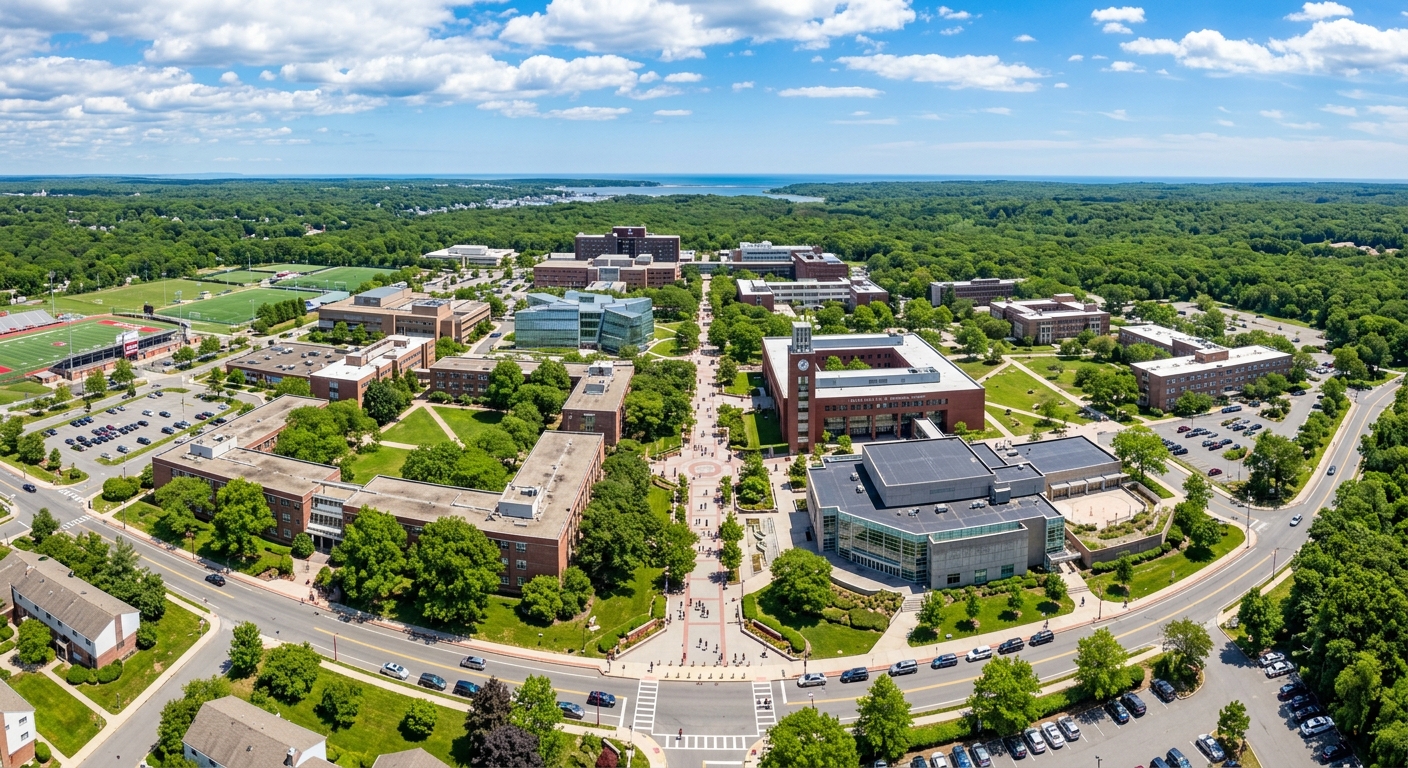 Stony Brook University campus wide aerial view showing the Academic Mall, Frank Melville Jr. Memorial Library, Staller Center for the Arts, surrounding green woodlands on Long Island, bright sunny day with blue sky