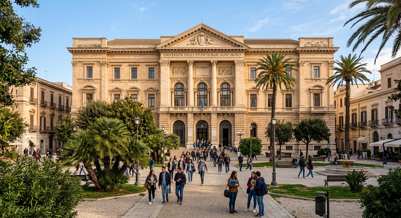 University of Bari Aldo Moro main campus building with neoclassical facade on Piazza Umberto I, Bari, Southern Italy, Mediterranean architecture, warm sunlight, palm trees, students walking