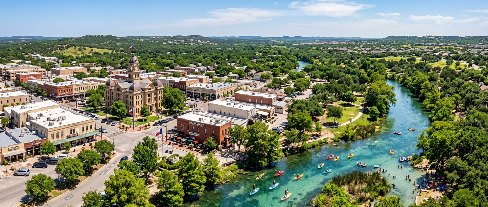 Panoramic view of San Marcos Texas, crystal-clear San Marcos River with kayakers, charming downtown square with shops and restaurants, Texas Hill Country rolling green hills in background, warm sunny day