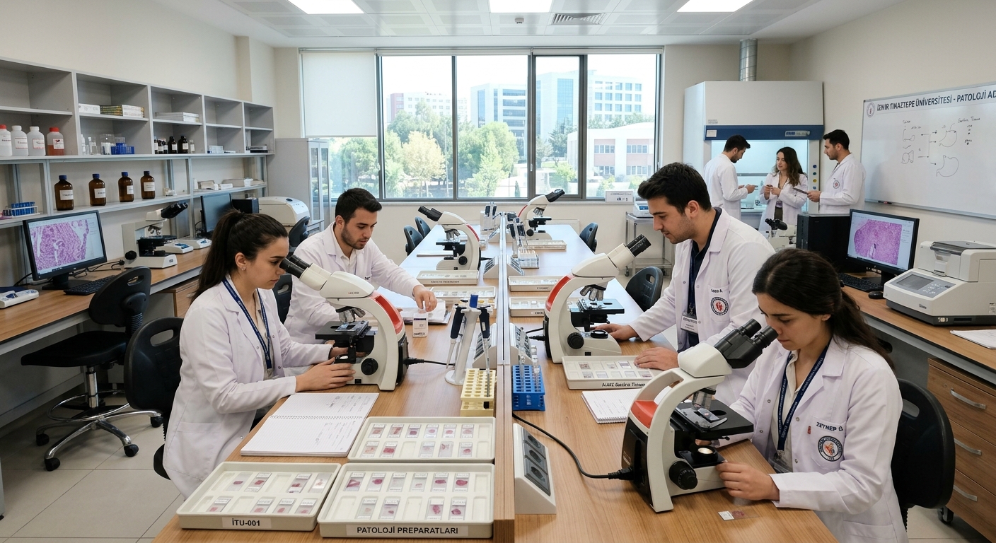Modern pathology laboratory with microscopes and tissue sample slides, students in white lab coats examining specimens, bright clinical lighting at İzmir Tınaztepe University campus in Buca, İzmir, Turkey