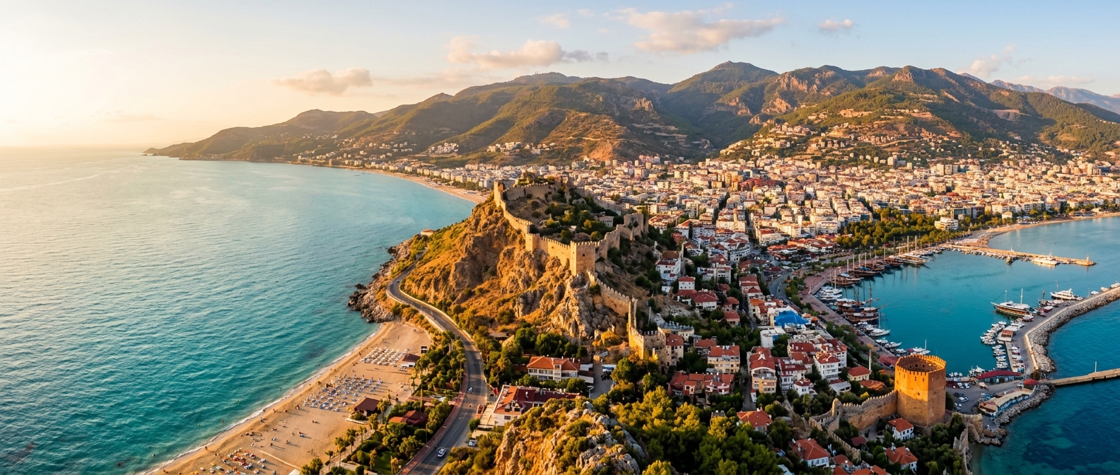 Panoramic view of Alanya city, Turkey, Mediterranean Sea coastline, historic Alanya Castle on rocky peninsula, sandy beaches, turquoise water, red-roofed buildings, Taurus Mountains in background, warm golden hour light