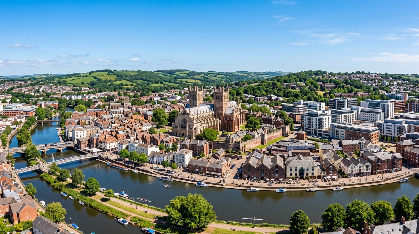 Exeter city skyline panorama, Exeter Cathedral prominent in centre, River Exe flowing through the city, green Devon hills in background, historic buildings and modern developments, clear blue sky