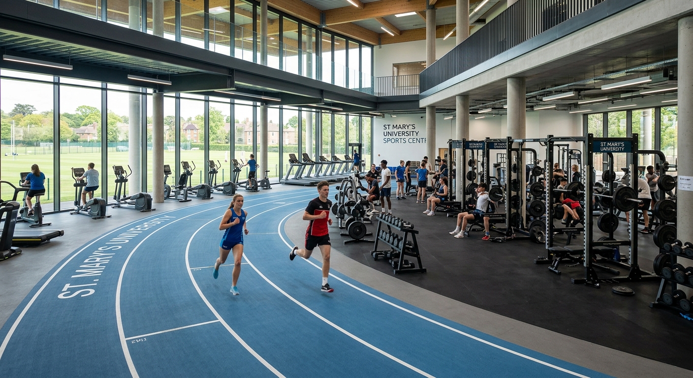 St Mary's University modern sports centre with indoor running track, gym equipment, and large glass windows letting in natural light, students training