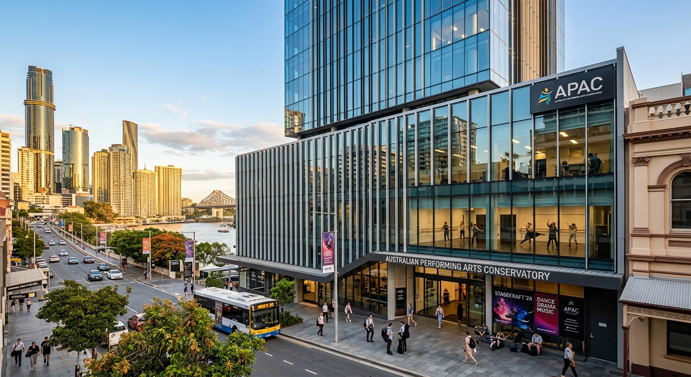Australian Performing Arts Conservatory campus building in Brisbane CBD, modern urban performing arts school with glass facade, Adelaide Street Brisbane, warm Queensland sunlight, city skyline in background