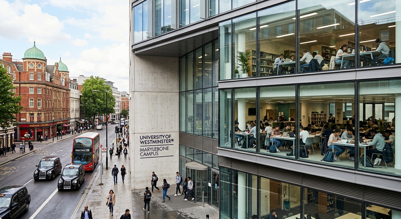 University of Westminster Marylebone campus, modern educational building on Marylebone Road, opposite Madame Tussauds, students studying in bright open spaces
