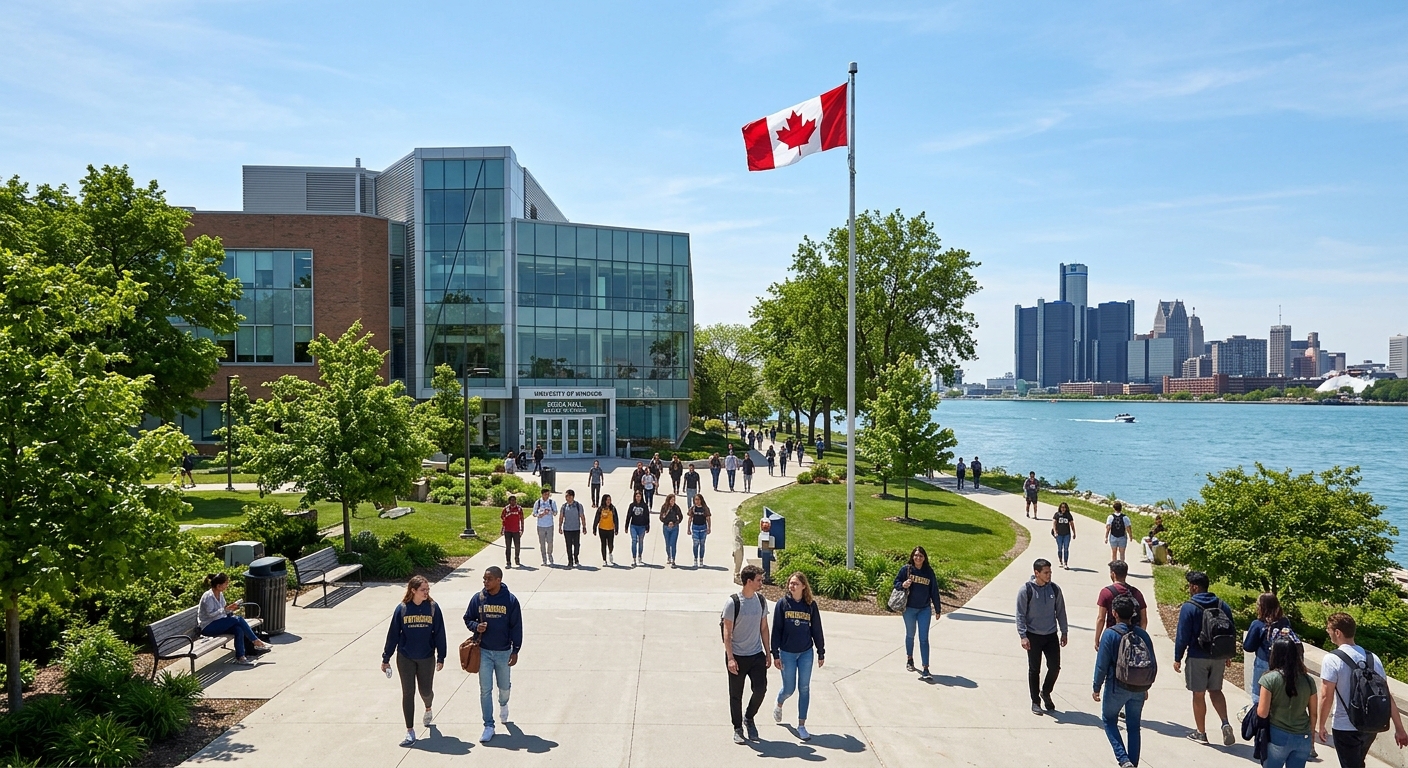 University of Windsor campus along the Detroit River in Ontario Canada, modern science building with students walking on pathways, green trees and clear sky, Canadian flag visible