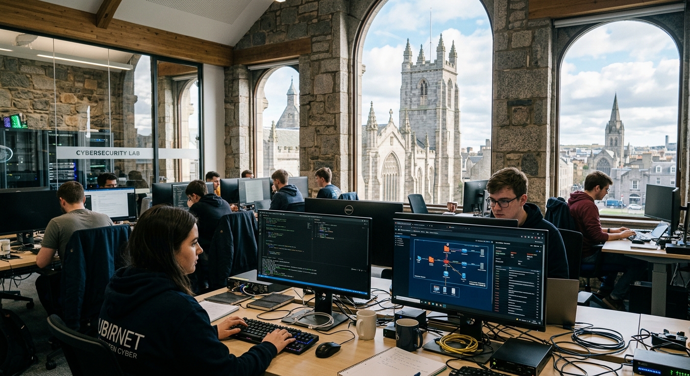 Historic granite campus buildings of the University of Aberdeen with modern computing lab overlay, students working on cybersecurity projects with dual monitors displaying code and network diagrams, Aberdeen Scotland skyline in background