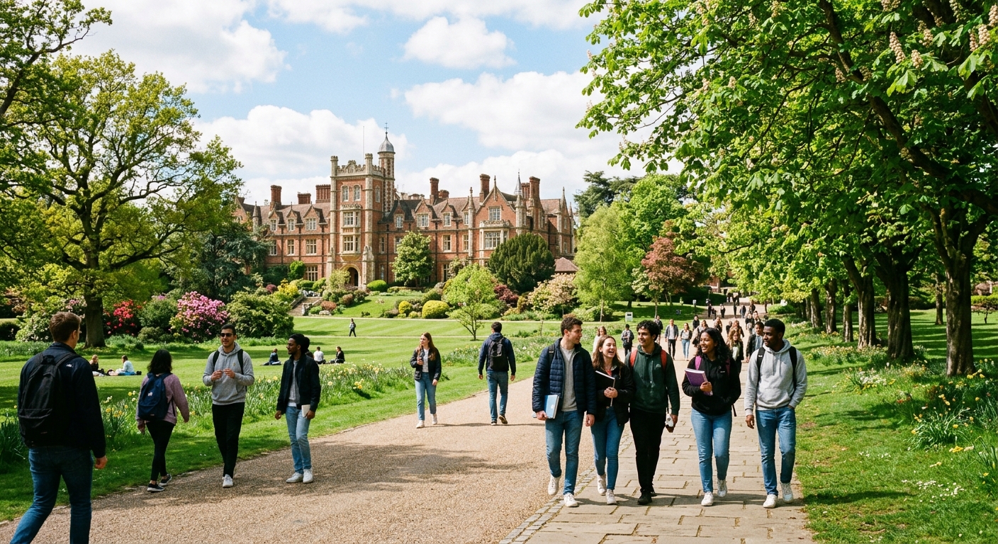 University of Roehampton parkland campus in southwest London with historic college buildings surrounded by lush green grounds, students walking along tree-lined pathways on a bright day