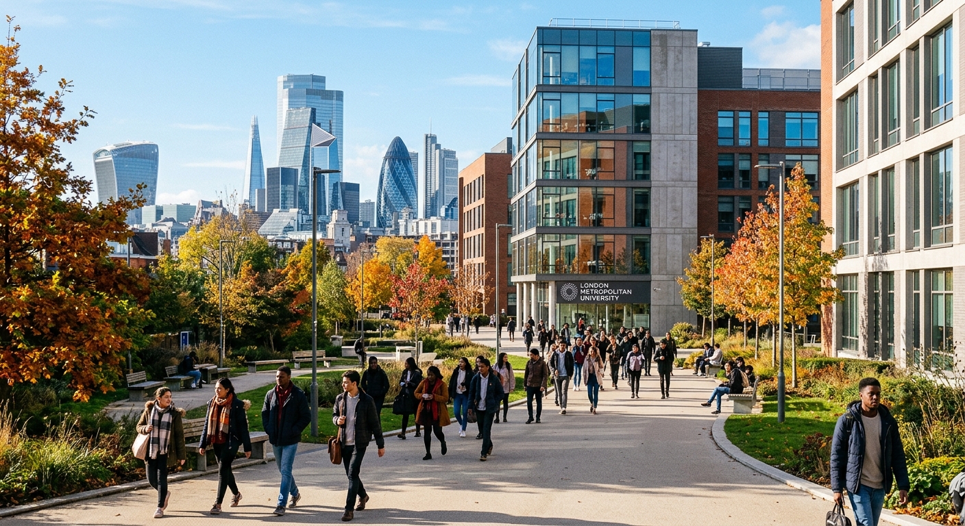 London Metropolitan University Holloway campus building exterior with modern architecture, students walking on campus pathways, city of London skyline visible in background, bright autumn day