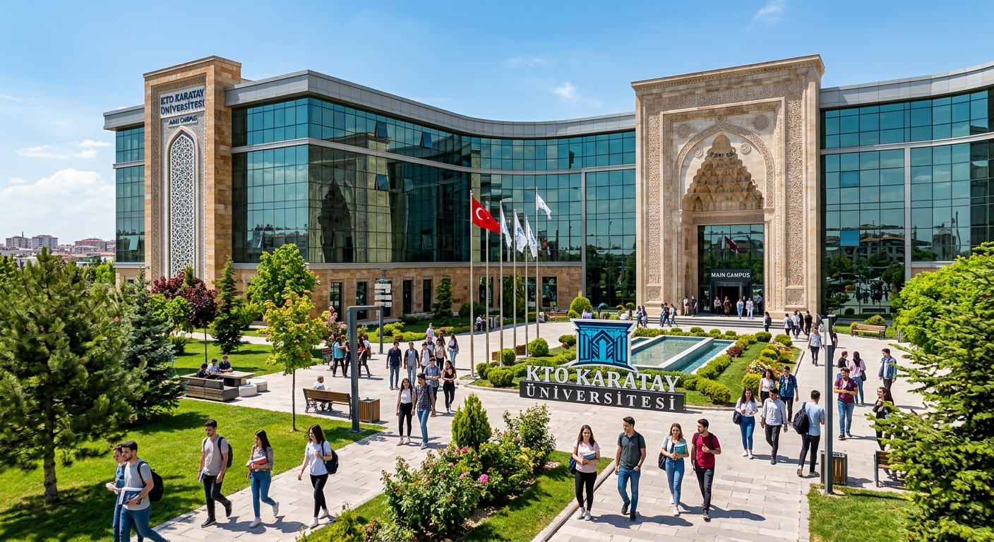 KTO Karatay University modern main building with Seljuk-inspired architectural details, glass facades, landscaped entrance courtyard, students walking on pathways, sunny day in Konya