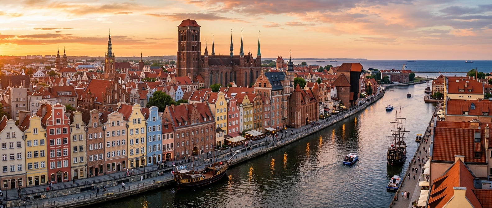 Panoramic view of Gdansk Old Town with colorful merchant houses along the Motlawa River, historic cranes, Gothic St. Mary's Church in background, Baltic Sea coastline visible, golden hour lighting