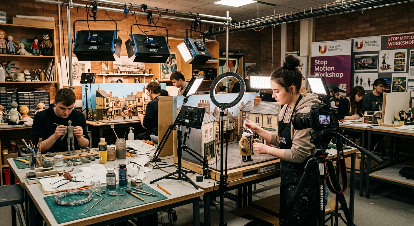 Teesside University stop motion animation studio with miniature puppet sets, professional lighting rigs, DSLR cameras on tripods, and students crafting detailed model characters in a creative workshop environment, Middlesbrough campus