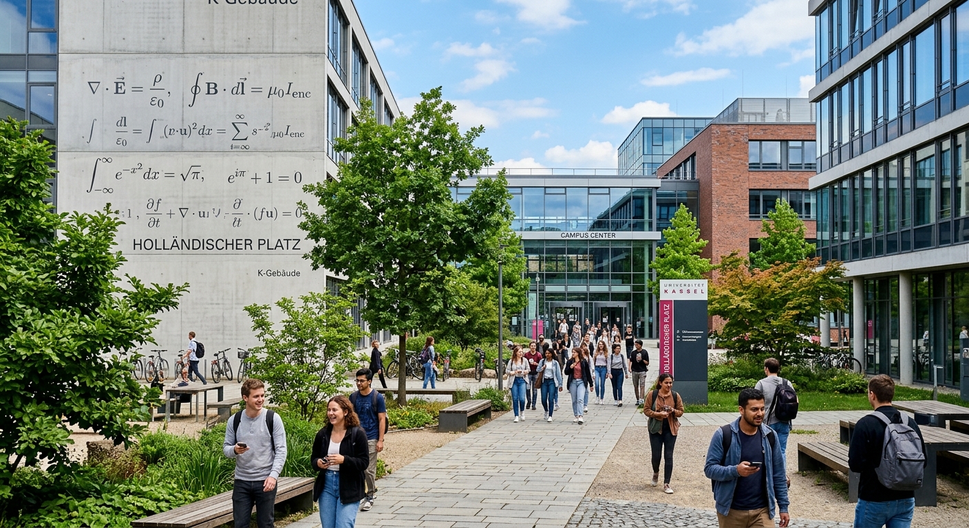 Modern university campus at University of Kassel with contemporary architecture, students walking between buildings at Holländischer Platz, green courtyard, mathematical equations subtly overlaid, bright daylight in Kassel Germany