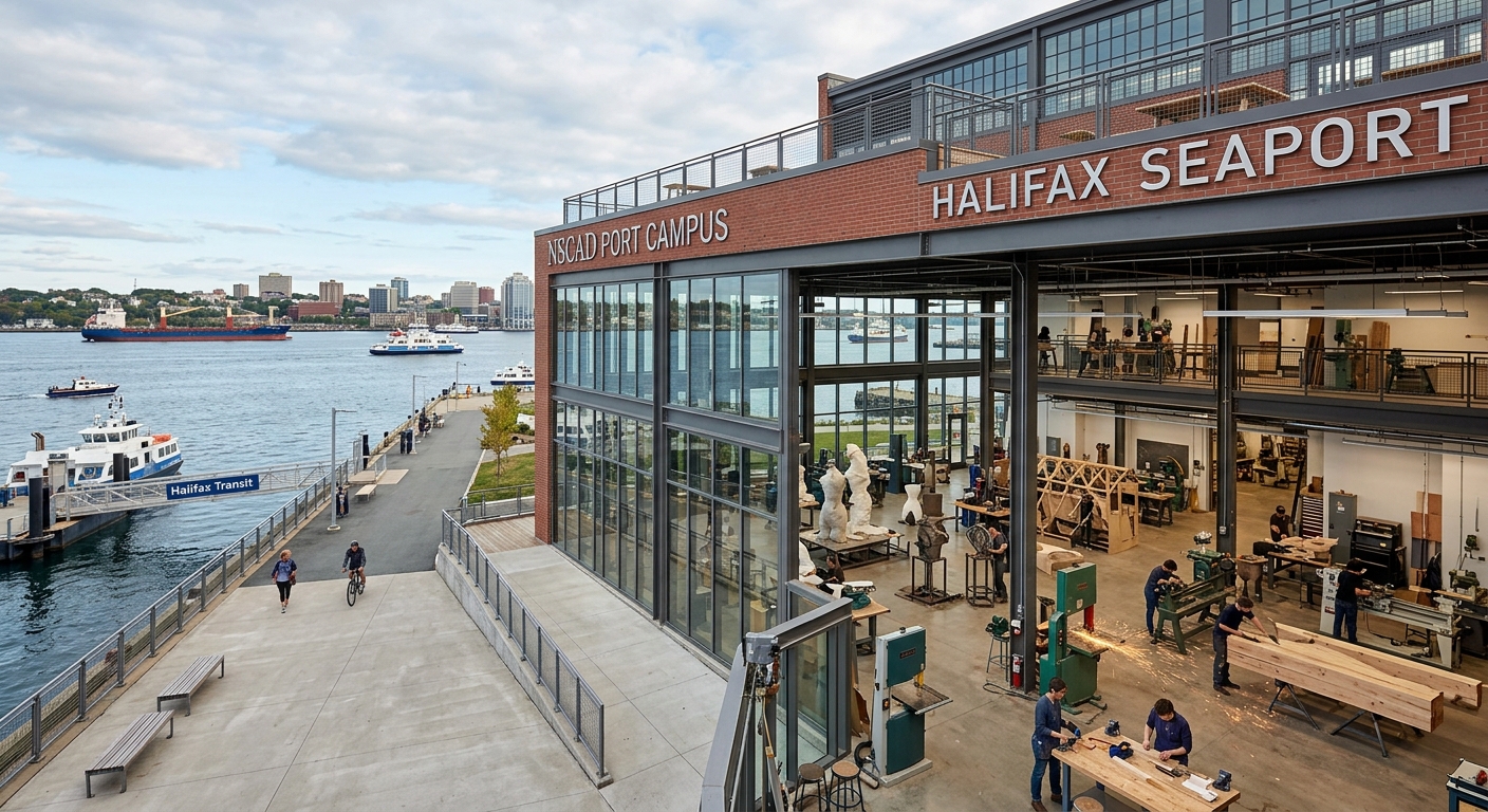 NSCAD Port Campus at Halifax Seaport, modern industrial architecture on the waterfront, large open studio spaces for sculpture and woodworking, harbour views