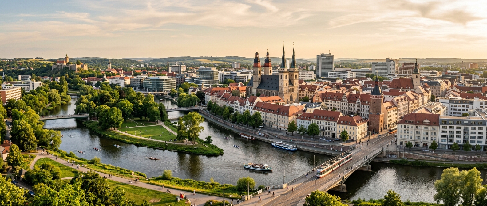 Panoramic view of Halle (Saale) city skyline with the five towers of the Marktkirche, Saale River flowing through the city, green parks, historic architecture, and modern buildings under a warm afternoon sky