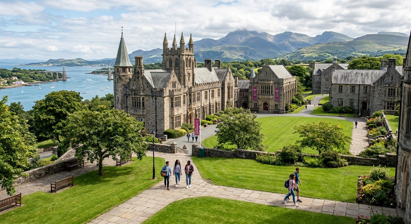 Historic Bangor University campus buildings with green lawns, set against the dramatic backdrop of Snowdonia mountains and the Menai Strait in North Wales, students walking along pathways between stone-clad academic buildings