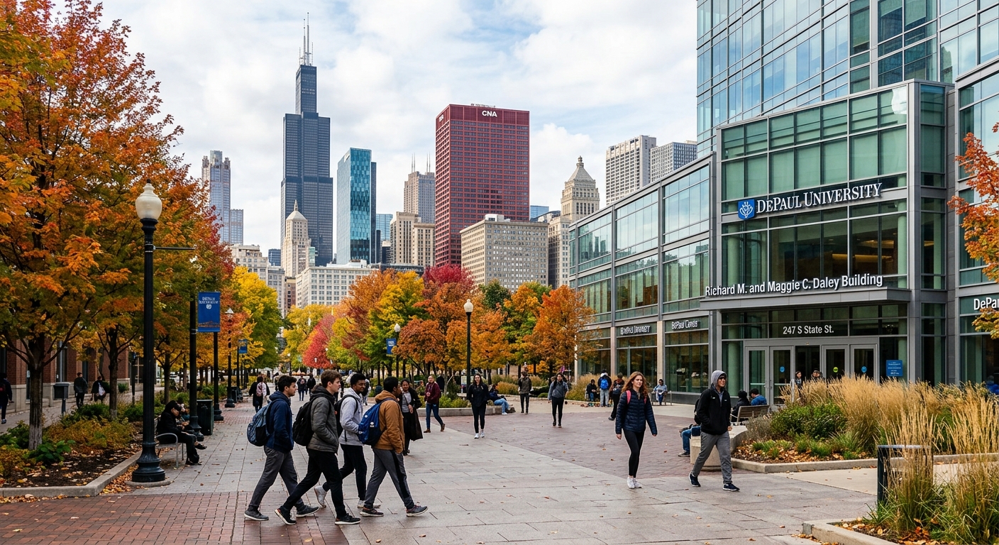 DePaul University campus in downtown Chicago, modern glass buildings with Loop skyline in background, students walking across urban campus plaza, autumn trees lining pathways