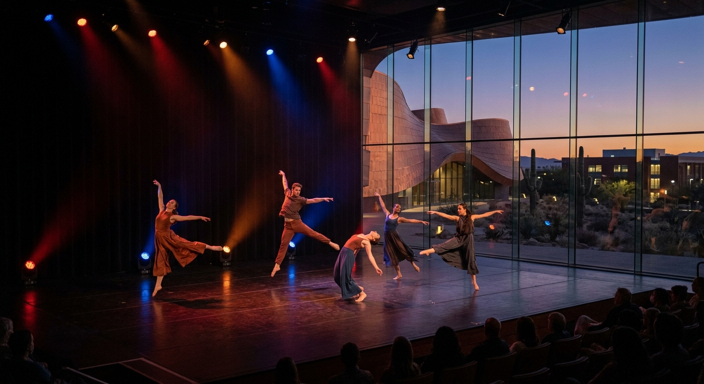 Dancers performing in the Stevie Eller Dance Theatre at the University of Arizona, dramatic stage lighting illuminating modern dance choreography, Tucson campus setting with desert-inspired architecture visible through large windows