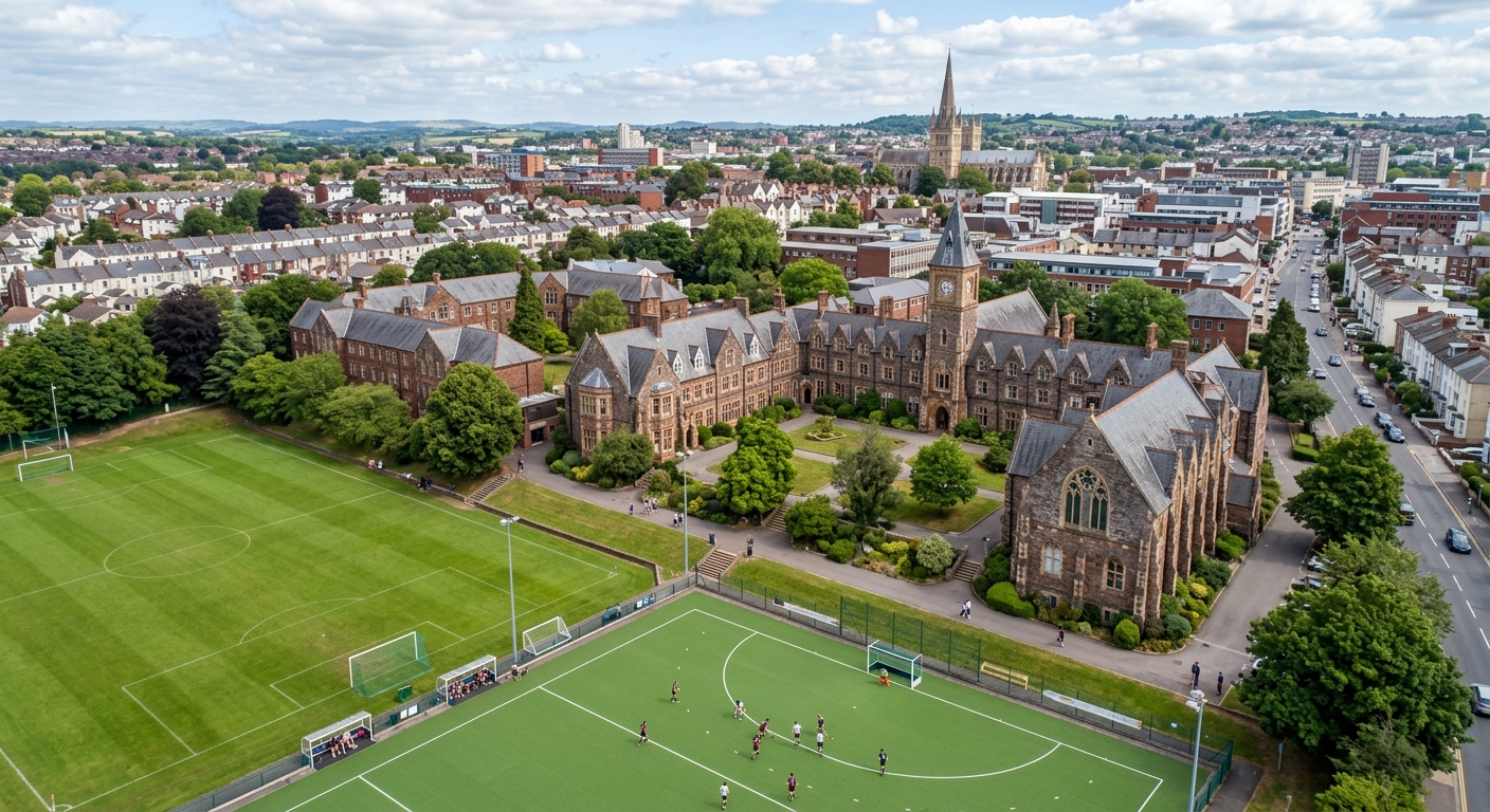 University of Exeter St Luke's Campus, historic stone buildings with Victorian architecture, sports pitches visible, urban setting near Exeter city centre