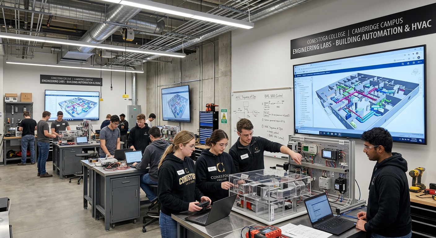 Modern engineering laboratory at Conestoga College Cambridge campus, students working on building automation systems and HVAC models, large digital screens displaying Building Information Modelling (BIM) software, bright industrial lighting with exposed ductwork visible overhead
