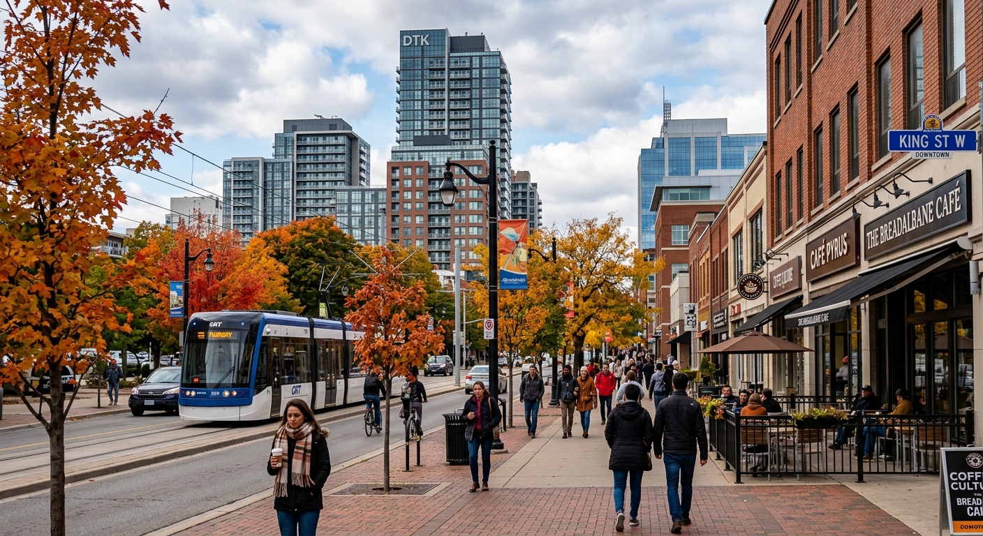 Downtown Kitchener Ontario skyline with modern buildings, tree-lined streets, LRT light rail transit, vibrant urban streetscape with cafes and pedestrians, autumn colours
