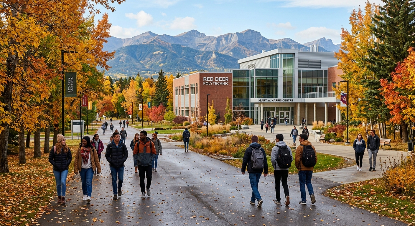 Modern polytechnic campus building at Red Deer Polytechnic in Alberta Canada, students walking along tree-lined pathways with Canadian Rocky Mountain foothills visible in the background, autumn colors