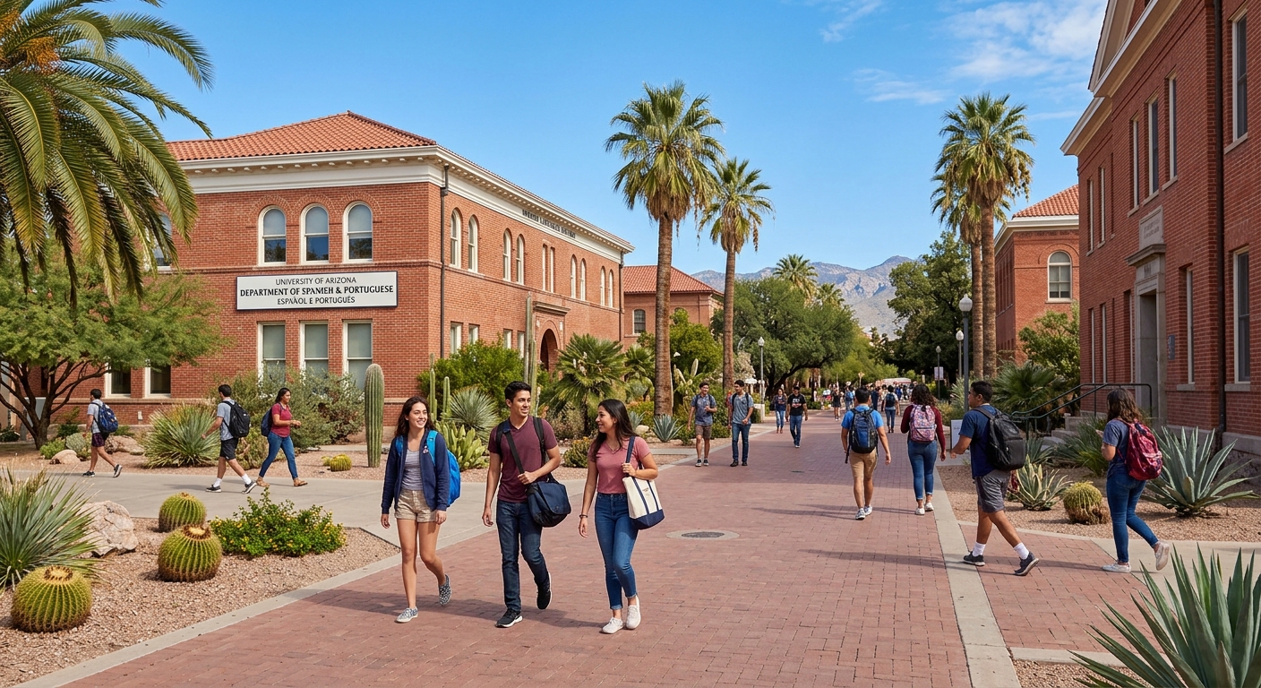 University of Arizona campus in Tucson with red brick buildings, desert landscaping, palm trees, and clear blue sky with students walking along pathways near the Department of Spanish and Portuguese