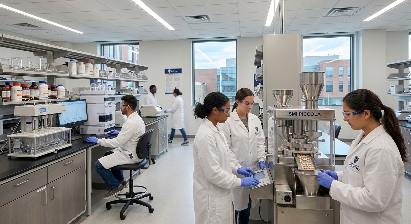 Modern pharmaceutical laboratory at the University of Toledo Health Science Campus, students in white lab coats working with drug formulation equipment, tablet presses, and analytical instruments, bright clinical lighting