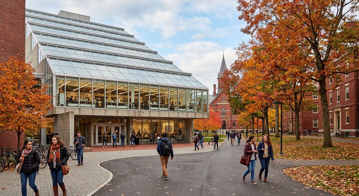 Harvard Graduate School of Design Gund Hall exterior with its distinctive stepped glass roof, students walking through Cambridge campus, autumn trees lining the pathway, red brick buildings in the background