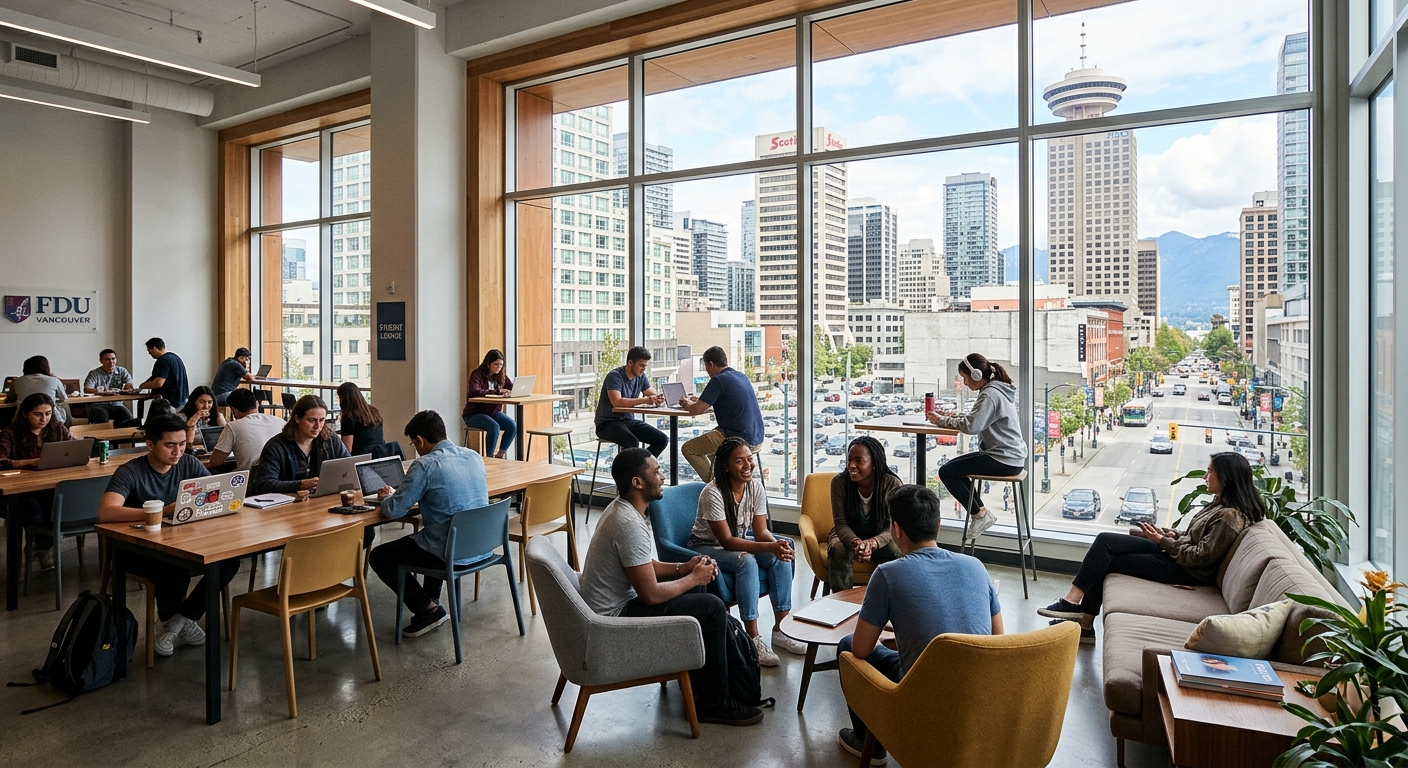 FDU Vancouver common area and student lounge, contemporary furniture, students studying and socializing, large windows overlooking downtown Vancouver streets
