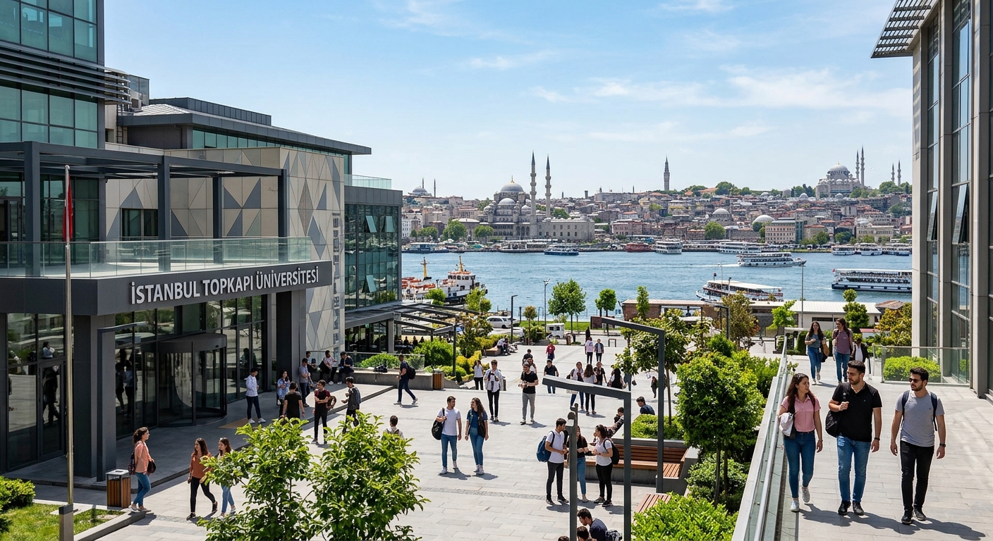 Istanbul Topkapı University modern campus building with Ottoman-era architectural elements in the background, students walking through a courtyard with views of the Golden Horn waterway, bright daylight, Istanbul cityscape