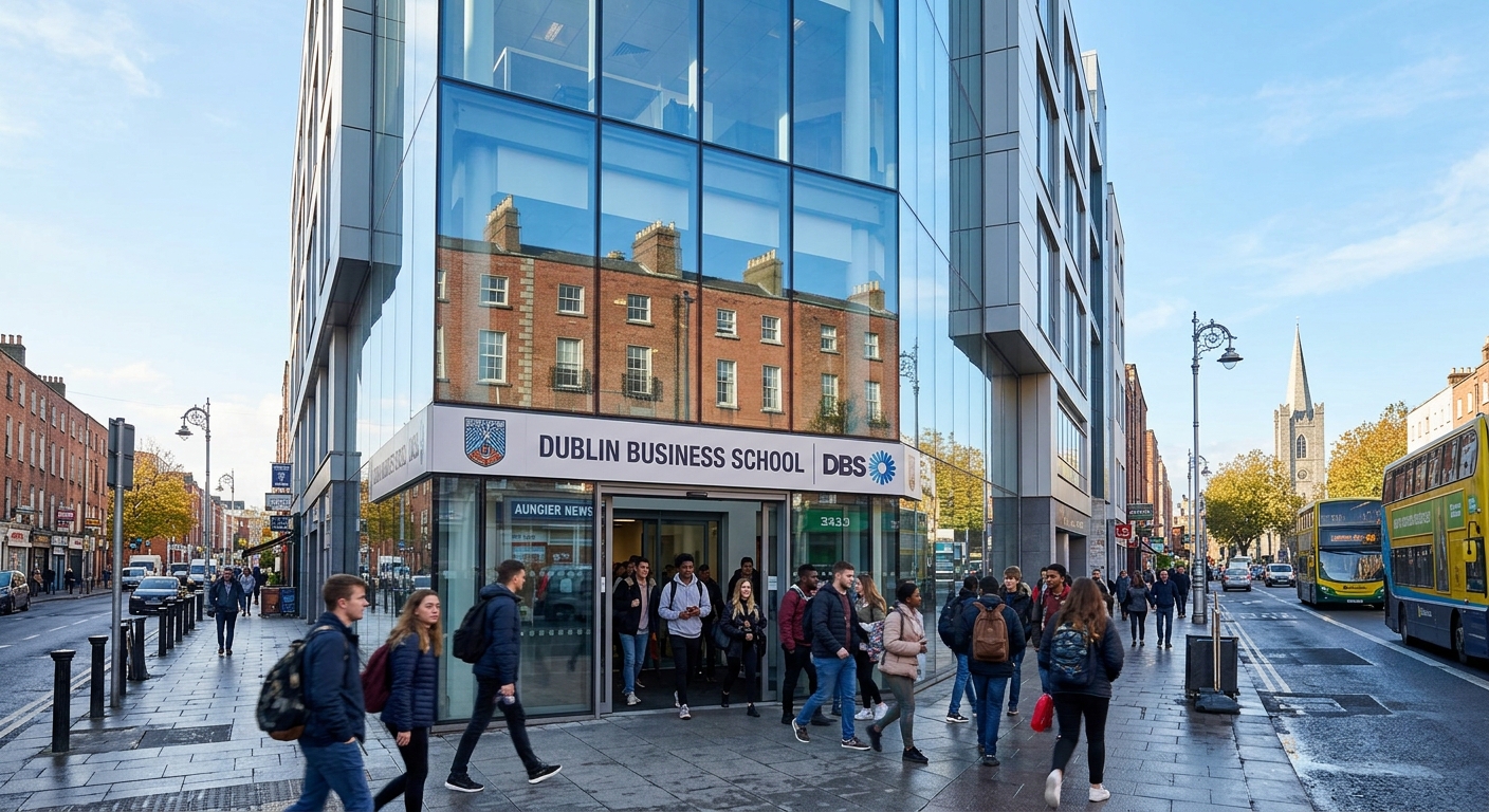 Modern Dublin Business School campus building on Aungier Street in Dublin city centre, with students walking through the entrance, glass facade reflecting the surrounding Georgian architecture, clear sky above