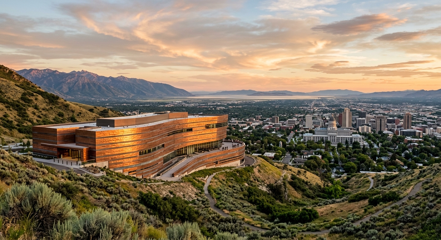 Natural History Museum of Utah modern copper-clad building perched on a hillside with panoramic views of Salt Lake City below