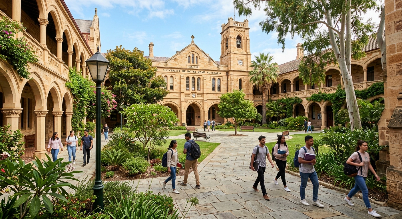 Historic sandstone university buildings in Fremantle Australia with students walking through a heritage courtyard, lush greenery and blue sky, University of Notre Dame Australia campus