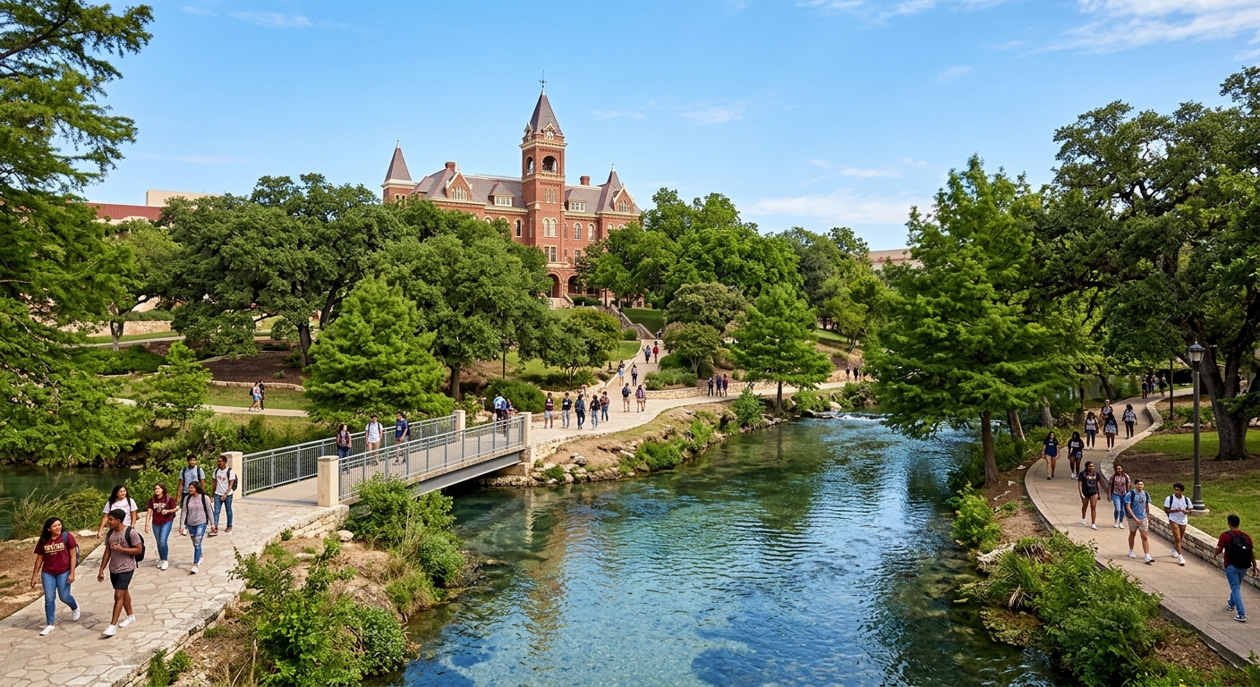 Texas State University campus in San Marcos, Texas with historic Old Main building, lush green trees, San Marcos River flowing through campus, students walking on pathways under clear blue sky