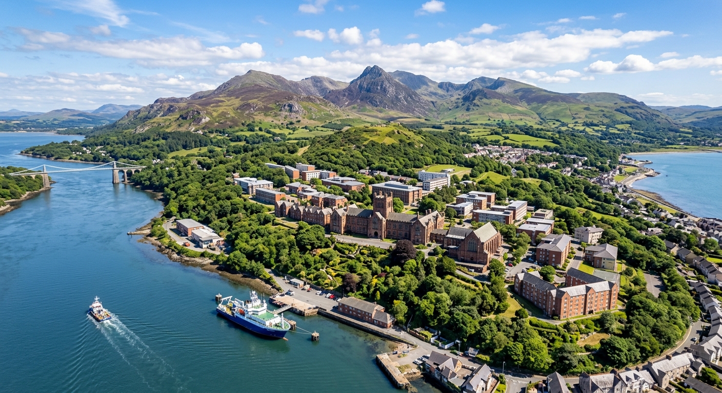 Aerial view of Bangor University campus nestled between Snowdonia mountains and the Menai Strait coastline in North Wales, with research vessels visible on the water and lush green surroundings